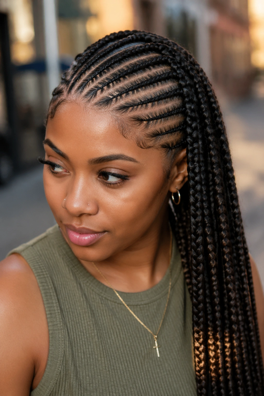 Diagonal cornrows transitioning to box braids on a real person