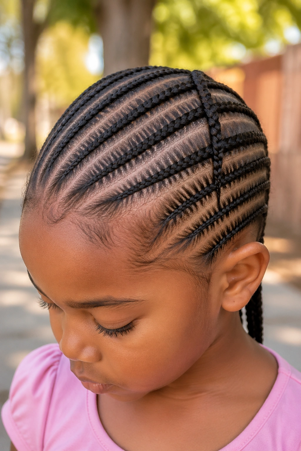 Child wearing diagonal cornrows across the head.