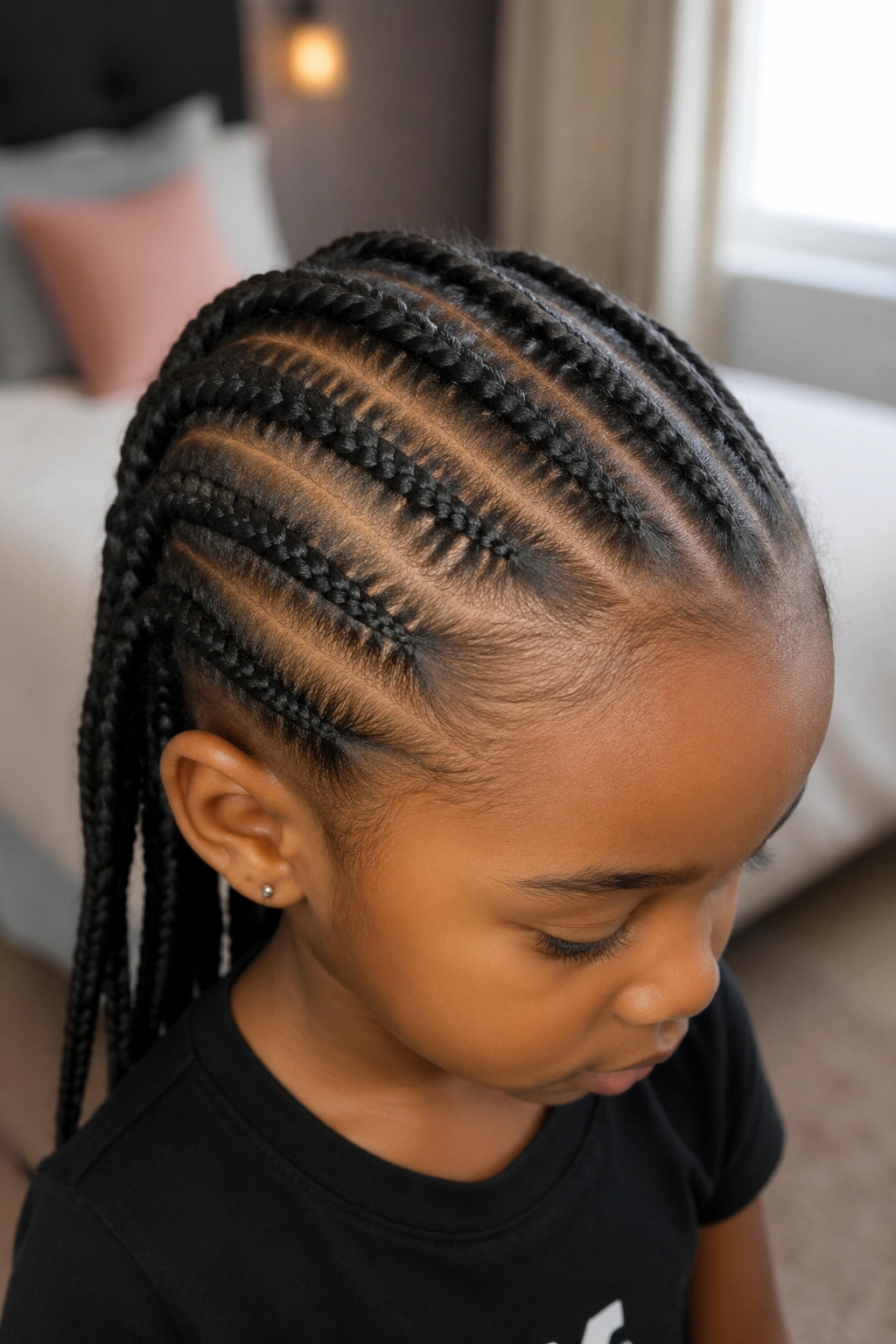 Close-up of a real child showing diagonal cornrows across the head in a softly lit bedroom.