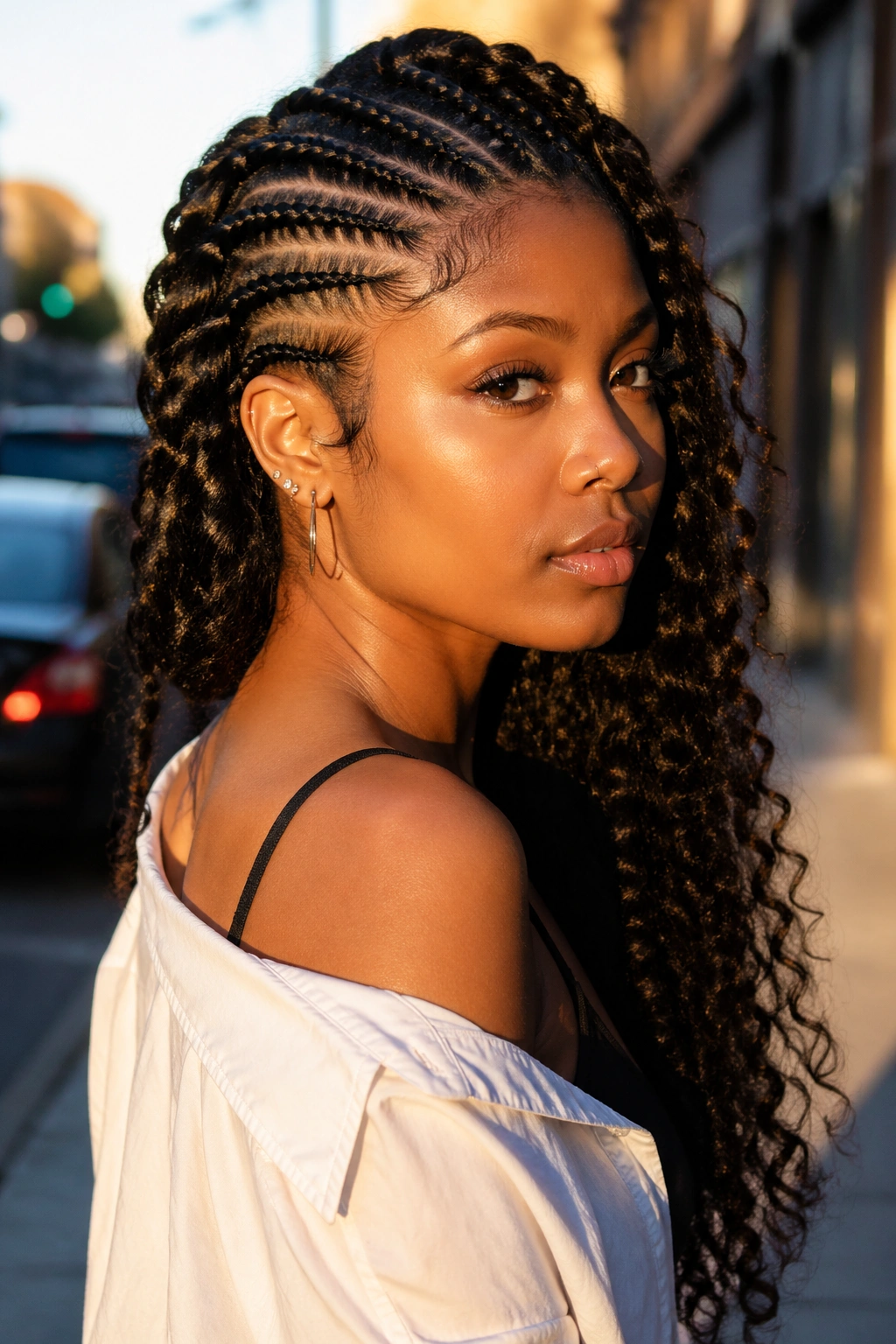 Medium close-up of diagonal cornrows and curling flow on one side