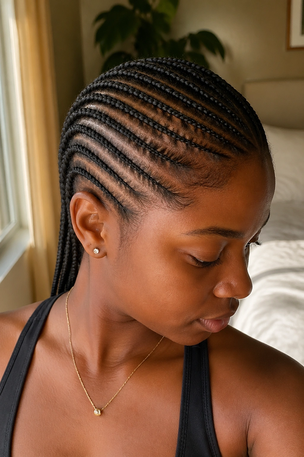 Close-up of a real woman with diagonal cornrows across the scalp under natural window light