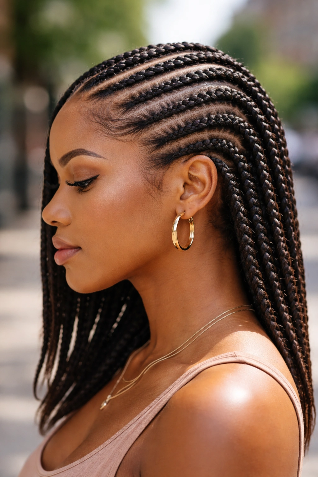 Portrait of a woman with diagonal cornrows from temple to shoulder, side profile