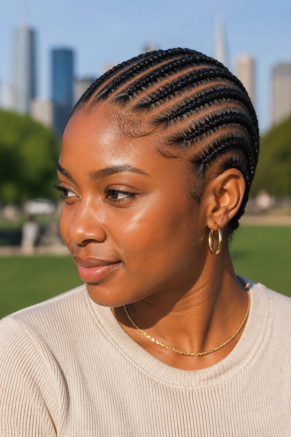 Close-up of a person with diagonal cornrows across the scalp