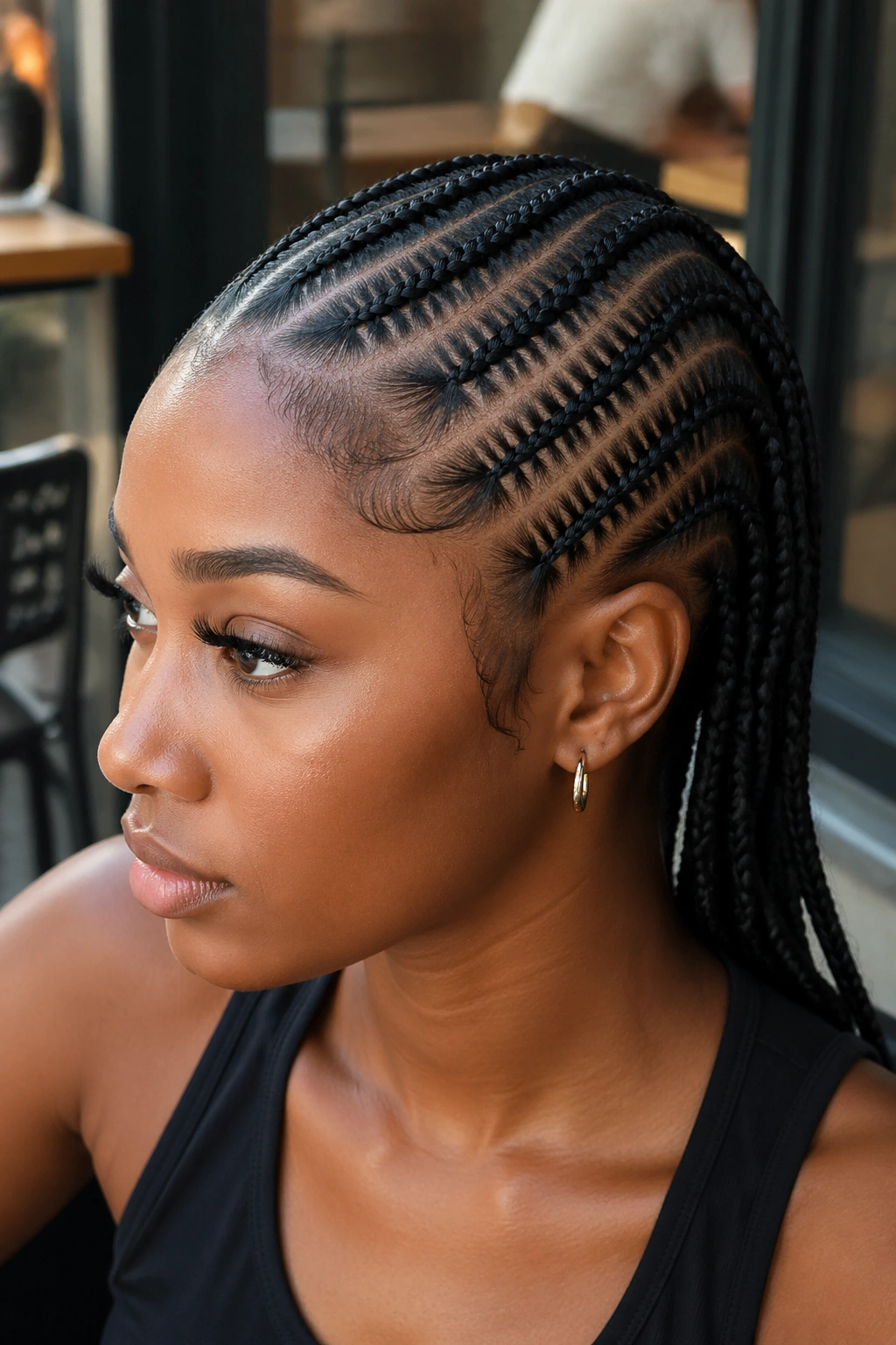 Real person with diagonal needle cornrows spanning the head