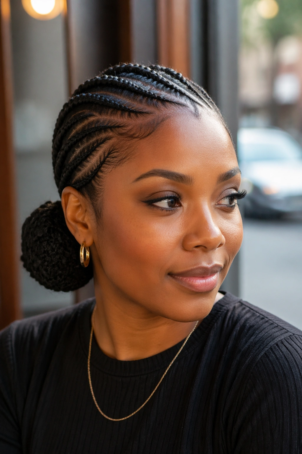 Close-up of a person with diagonal cornrows forming a low side bun behind the ear