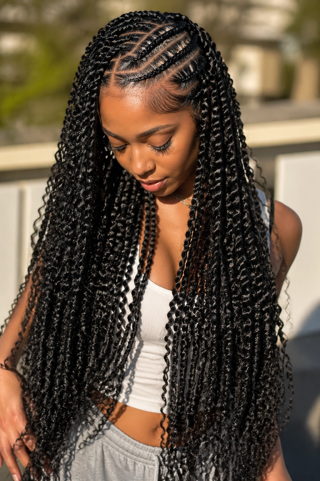 Close-up portrait showing diagonal cornrows and waist-length twists.