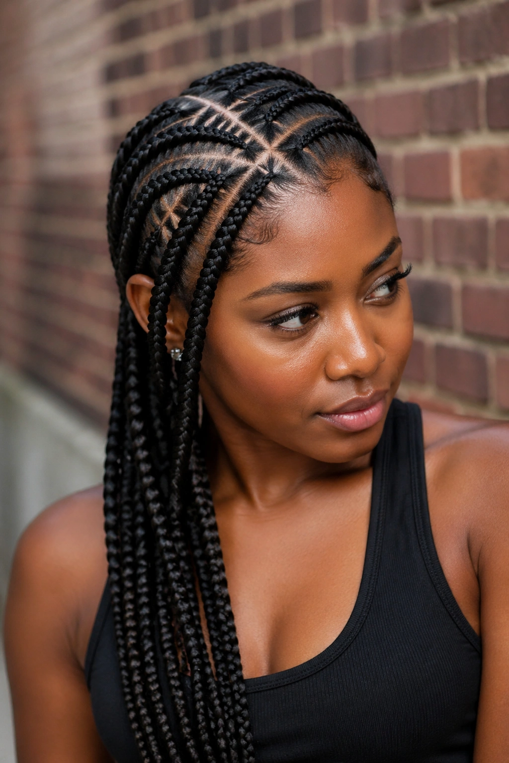 Close-up of a real woman with Diagonal Criss Cross braids angled toward one shoulder