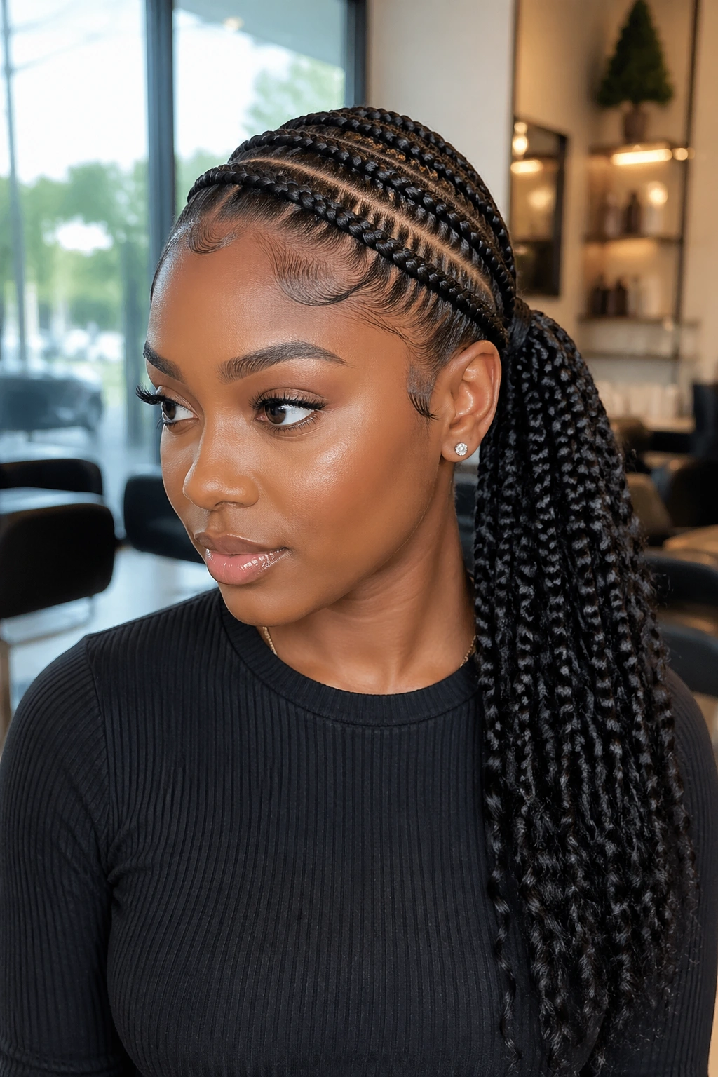 Close-up of a real woman with a diagonal crown feed-in ponytail forming a mid ponytail