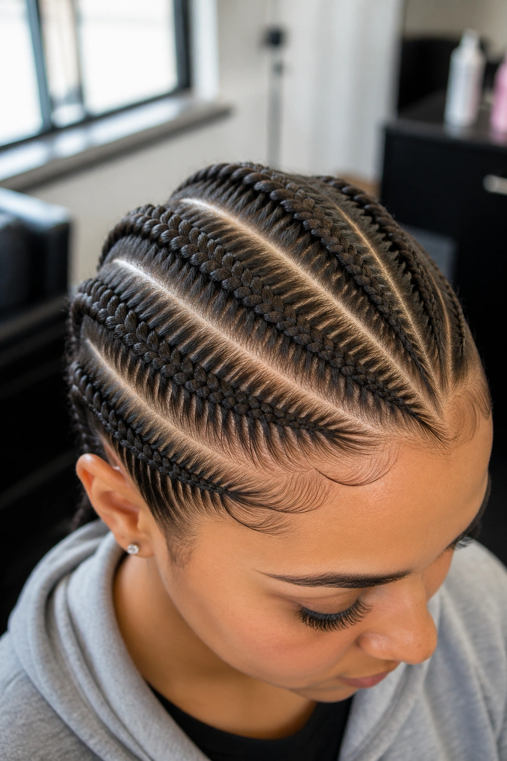 Close-up of six diagonal fishtail braids crossing the scalp