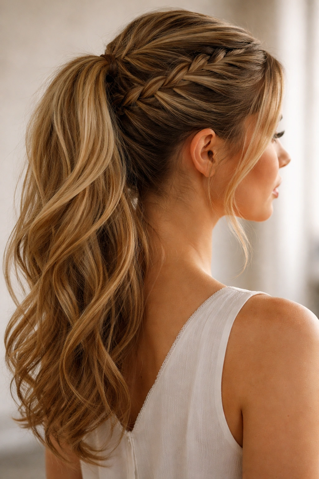 Diagonal French braid leading into a ponytail showing lift and width