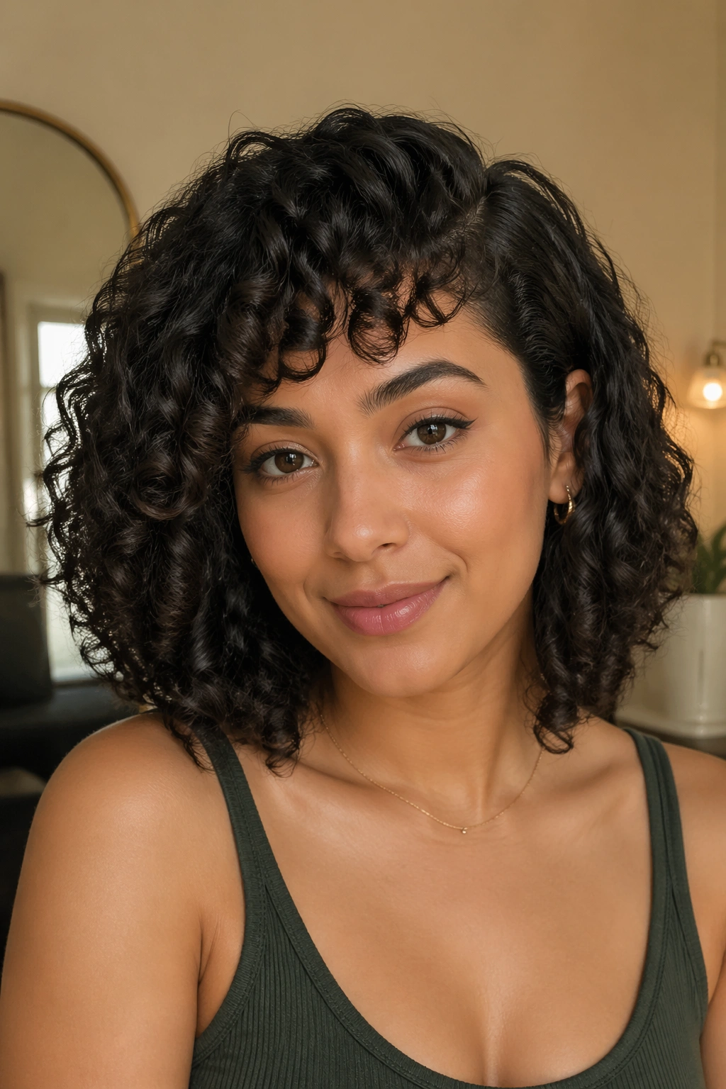 Close-up of diagonal-cut curly fringe on a real person's forehead