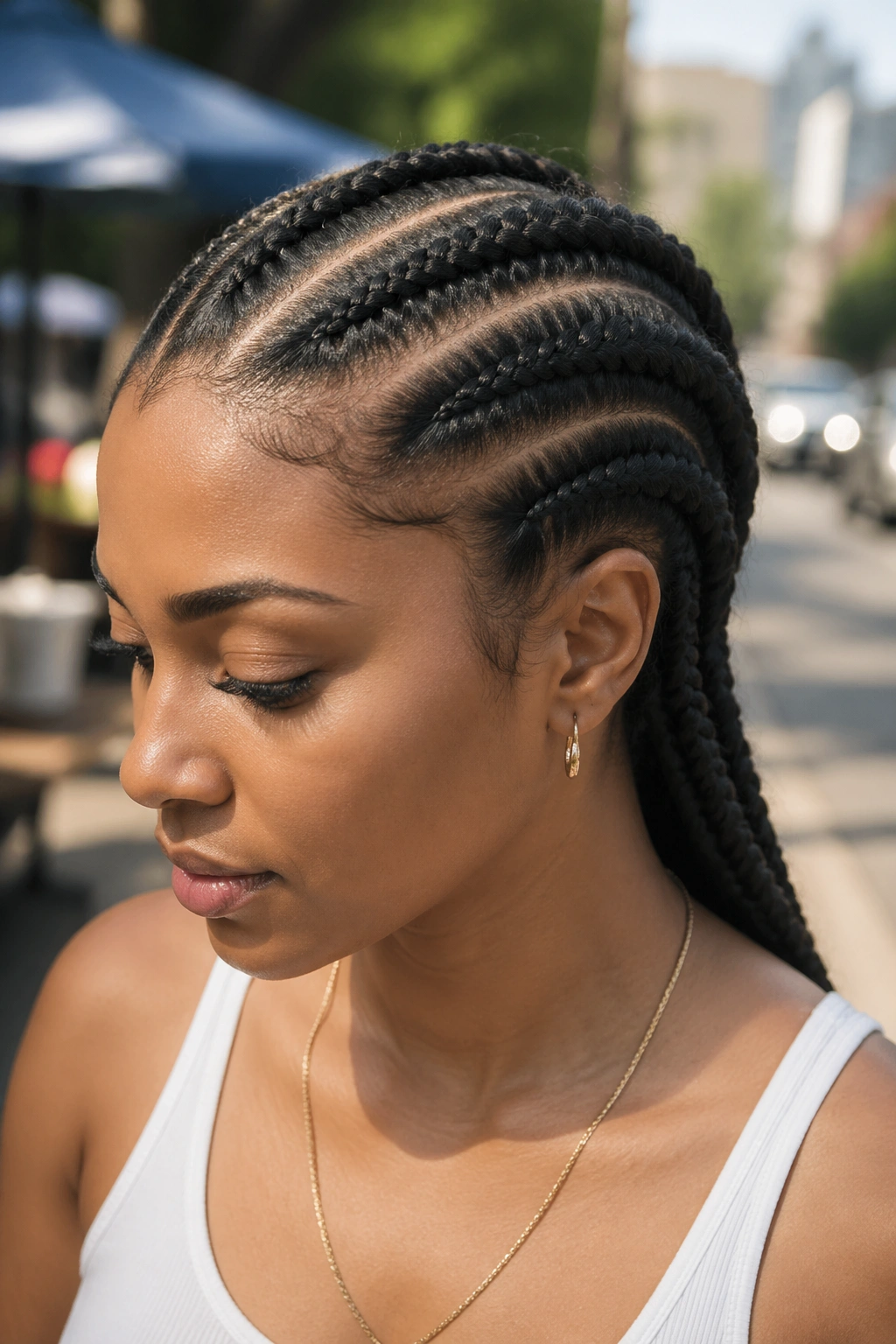 Real woman with diagonally parted Marley cornrows across the scalp