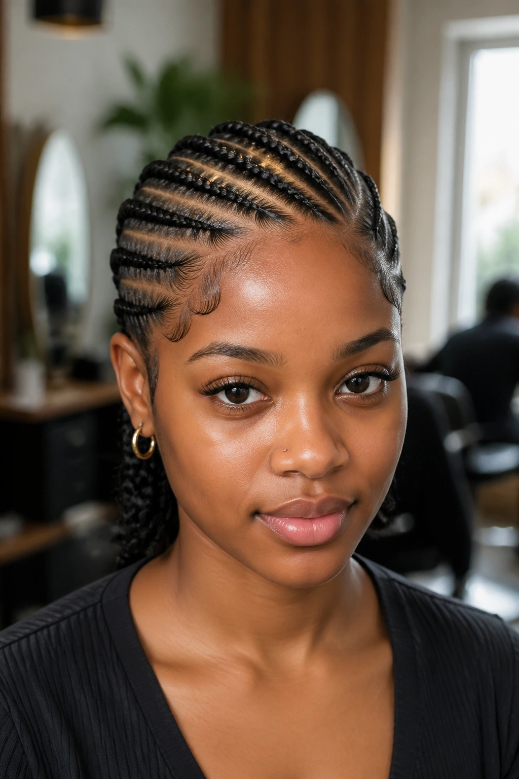 Real person with diagonal needle cornrows highlighting the style choice