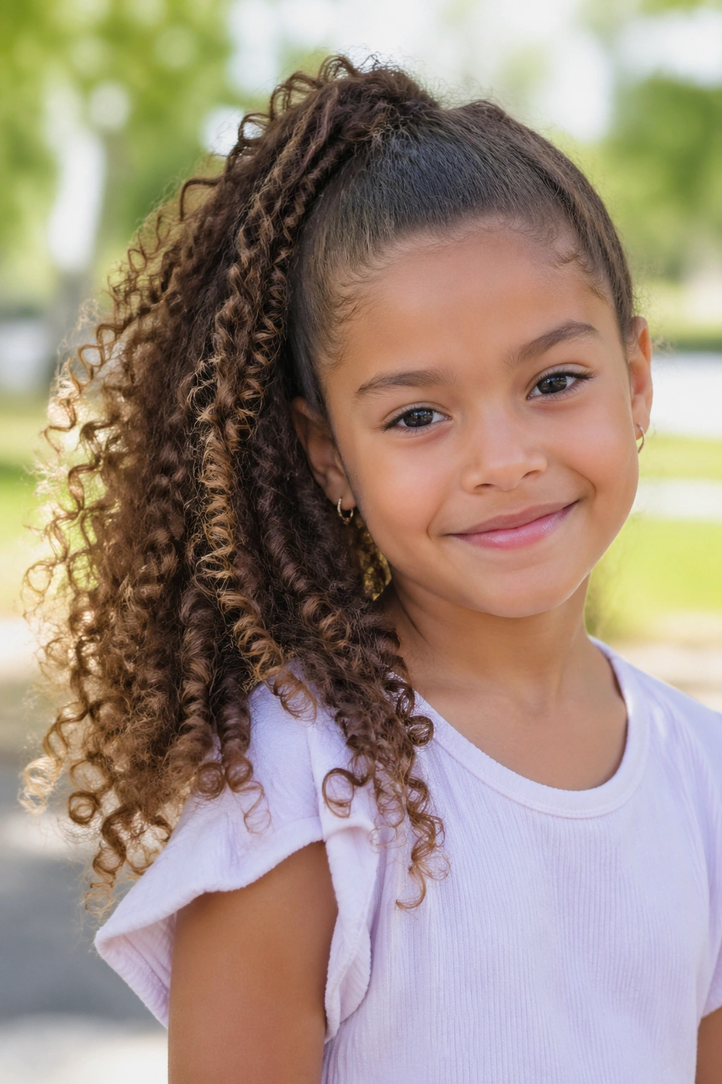 Close-up of a real child with diagonal side ponytail showing diagonal line and curls