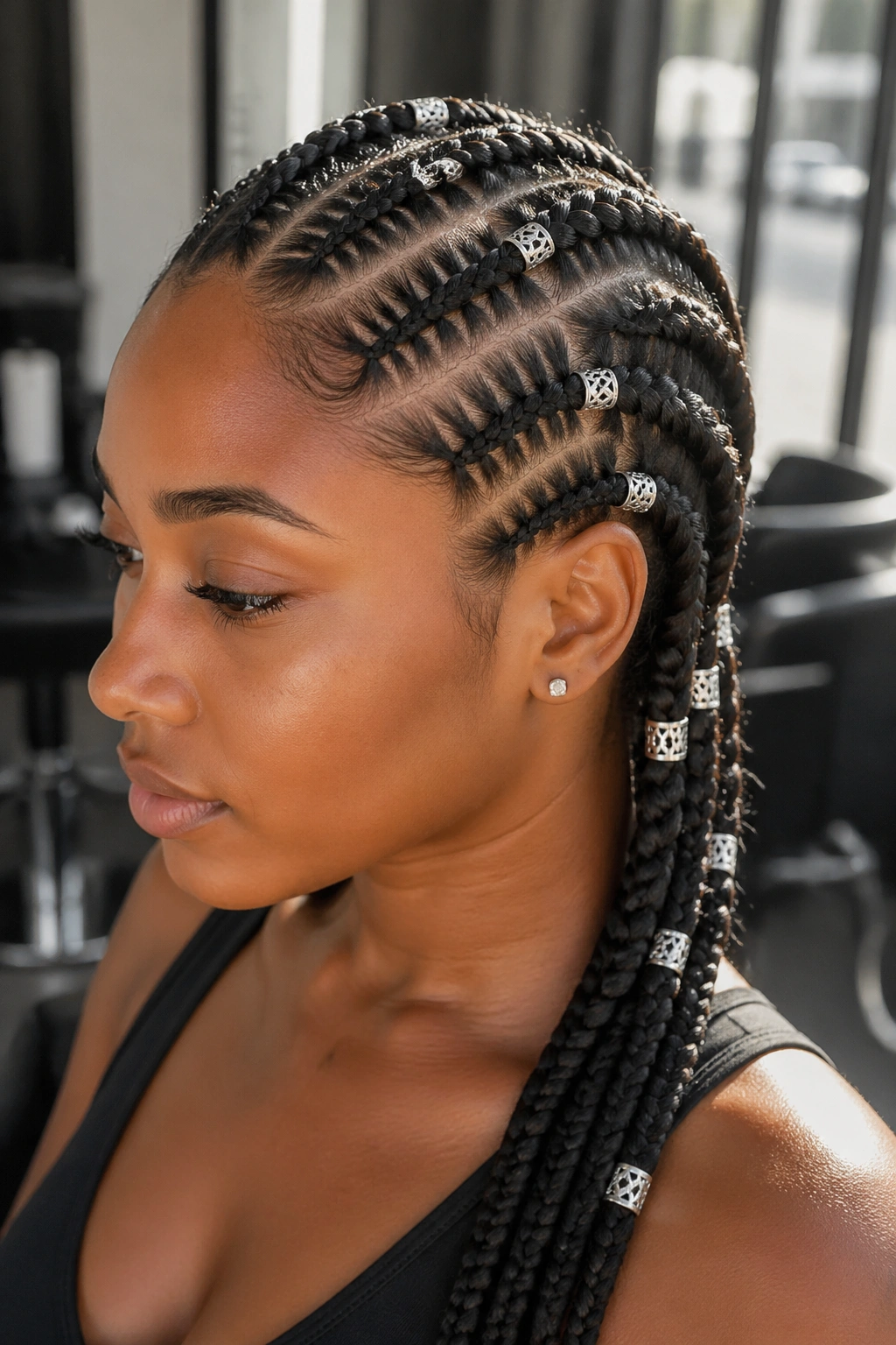 Close-up of diagonal stitch rows with silver beads on a real person in a sunlit salon