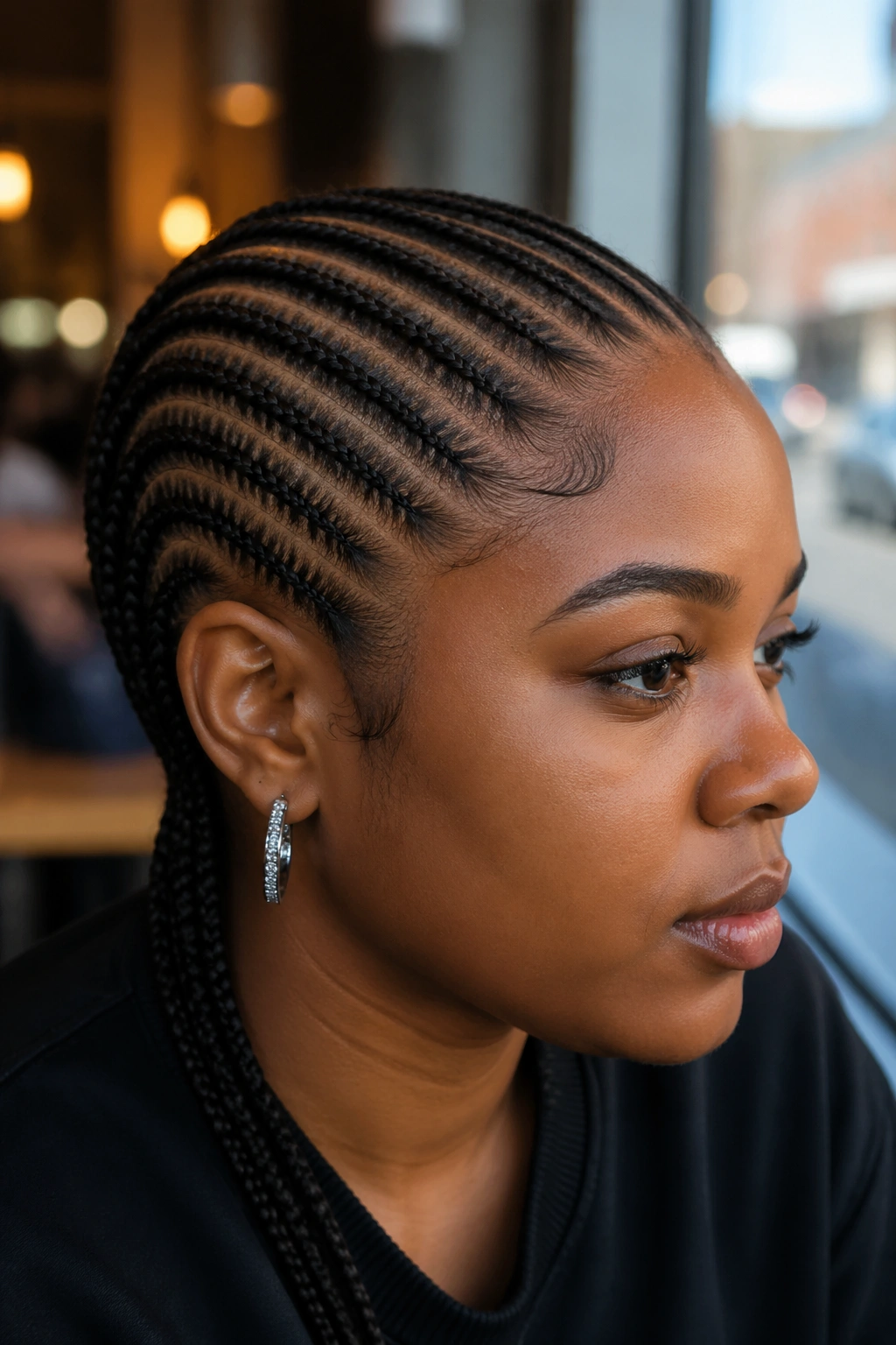 Close-up of real person with diagonal swoop cornrows