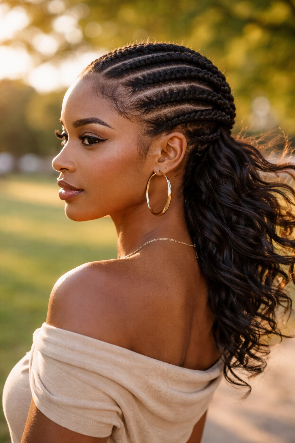 Close-up of a real woman with diagonal flat twists from hairline to nape, windblown movement
