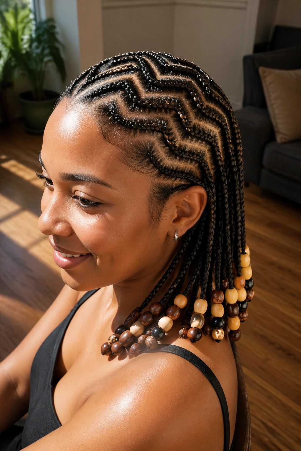 Portrait of a real person with diagonal zigzag braids and graduated bead tips across the head.