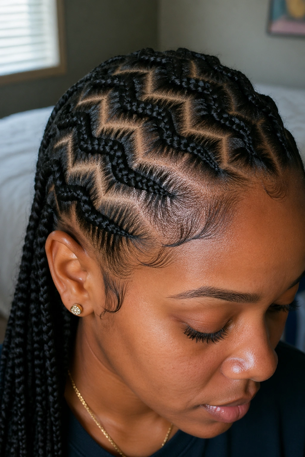 Diagonal zigzag cornrows on a real person, close-up portrait under window light