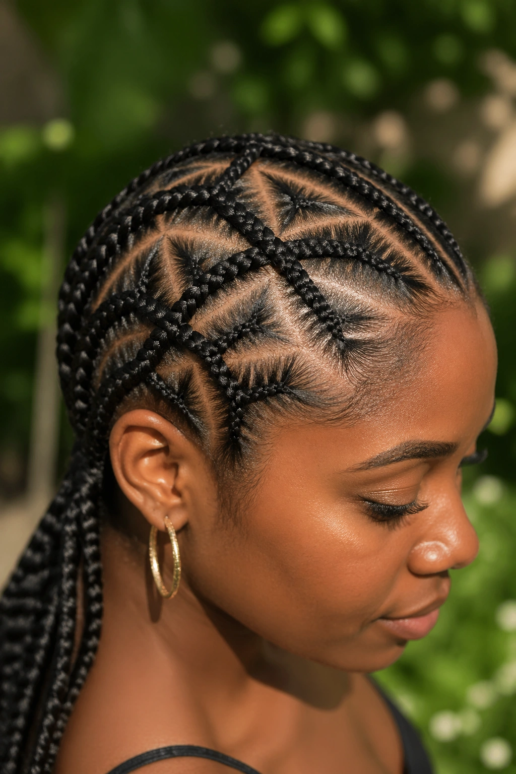 Close-up of a real woman with diamond-crossings cornrows forming diamonds on the scalp