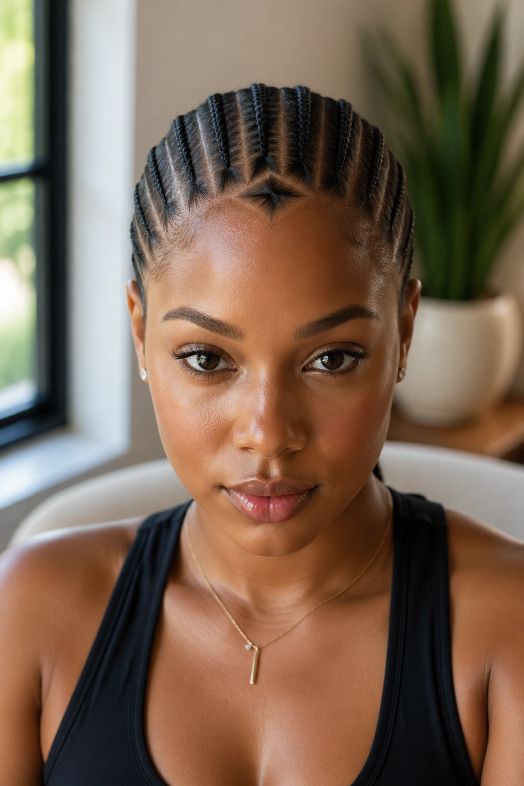 Front view of a real woman with straight-back cornrows and a diamond-shaped hairline.