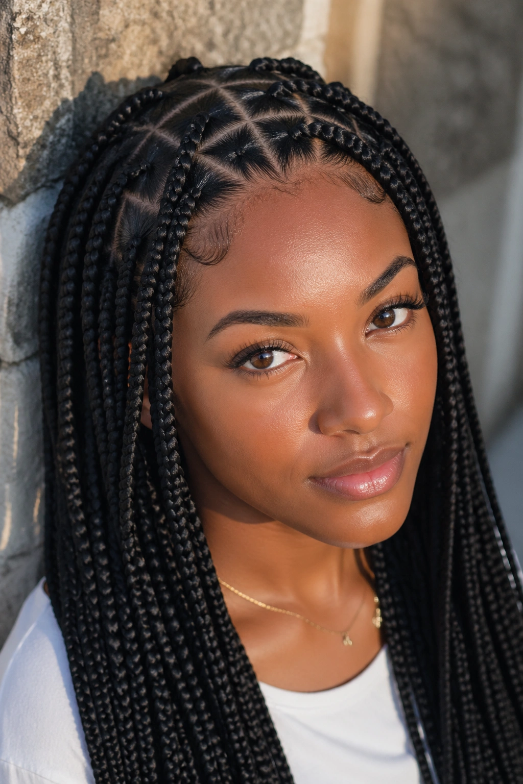 Close-up portrait of a person with diamond-part box braids