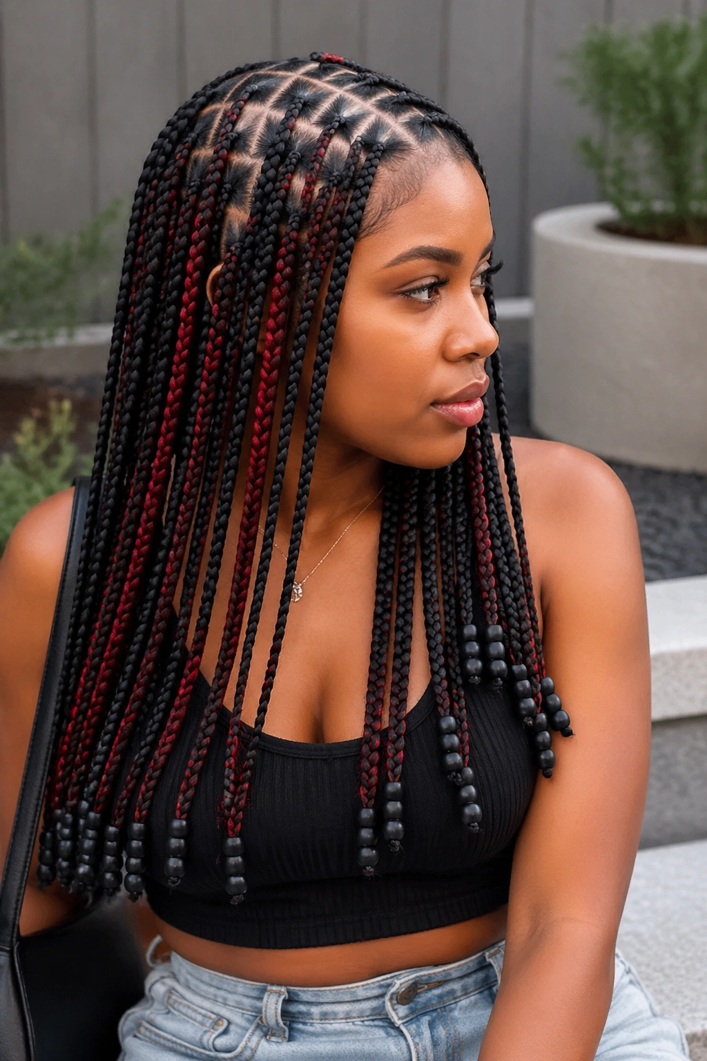 Close-up of a real person with diamond-part red peekaboo box braids and matte beads