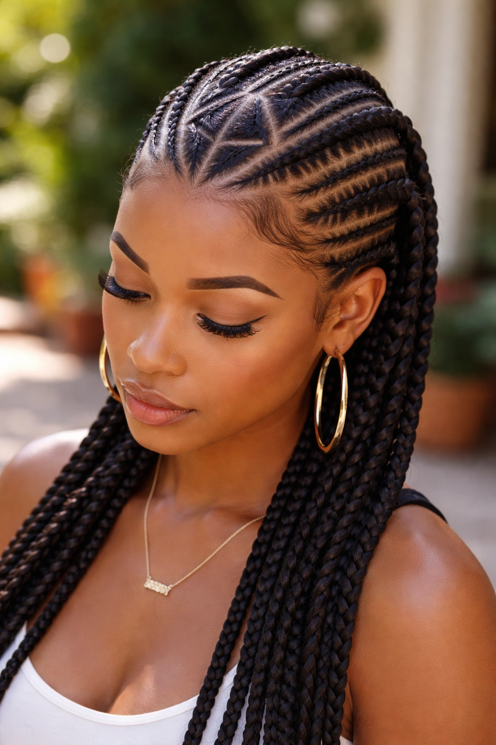Portrait of a real woman with a diamond-shaped part in stitch cornrows