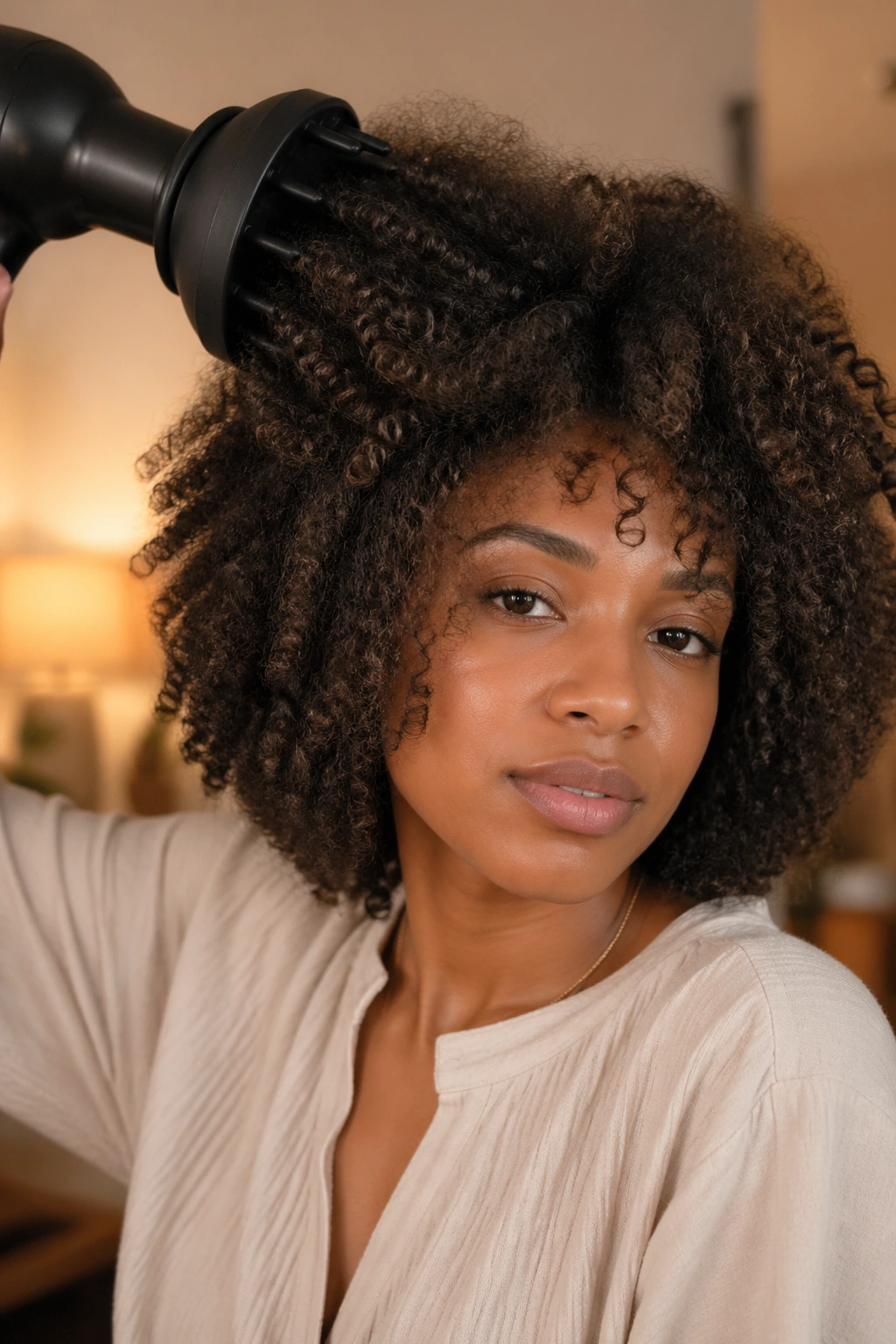 Close-up of a person with voluminous blown-out curls created by the blow-and-diffuse method