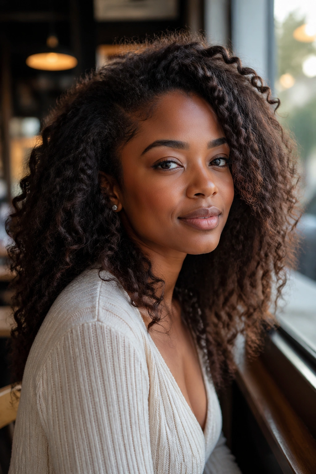 Close-up of a real woman with loose, diffused blowout curls in a cozy cafe setting.