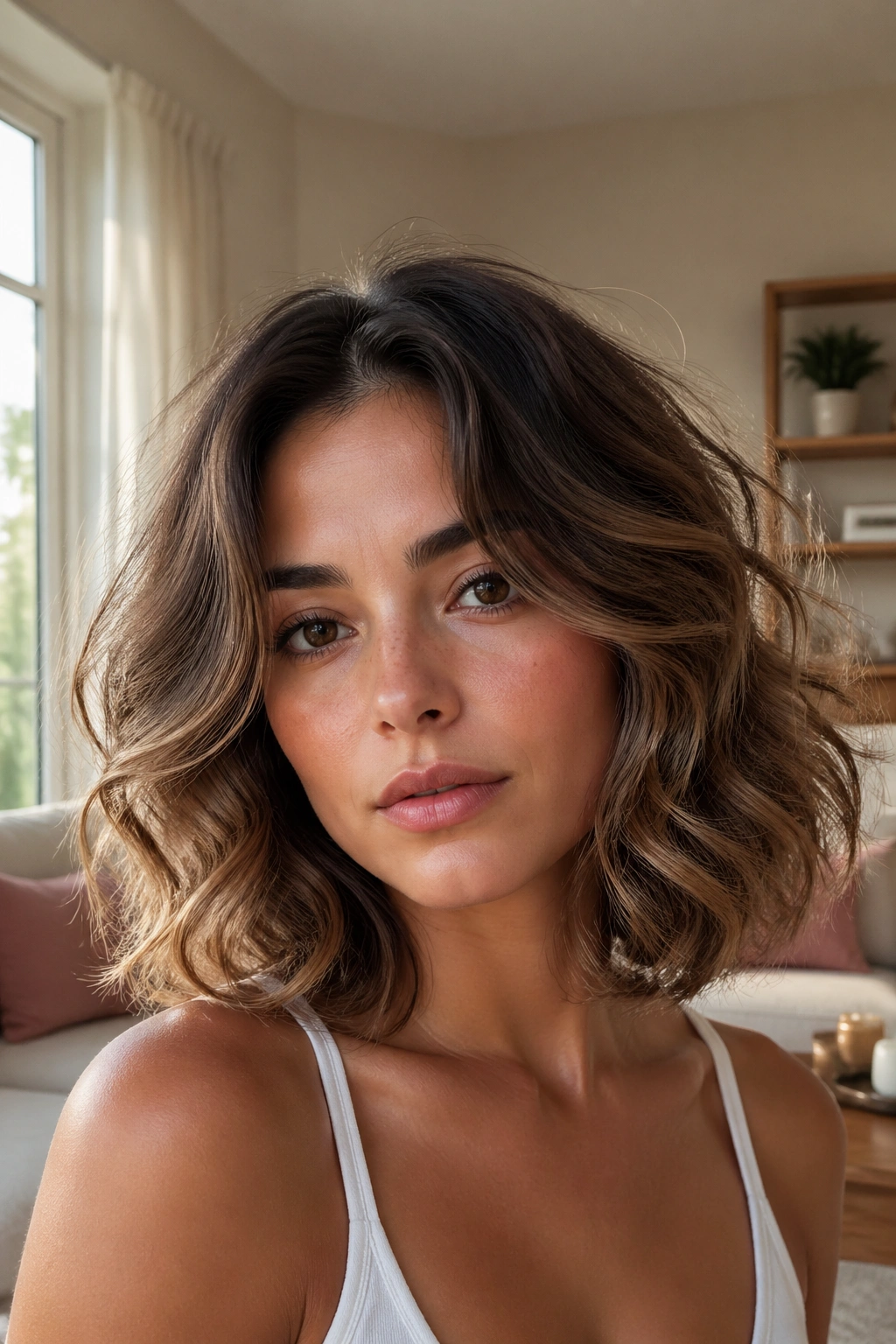 Close-up of a real woman with a diffused butterfly cut showing root lift in natural light