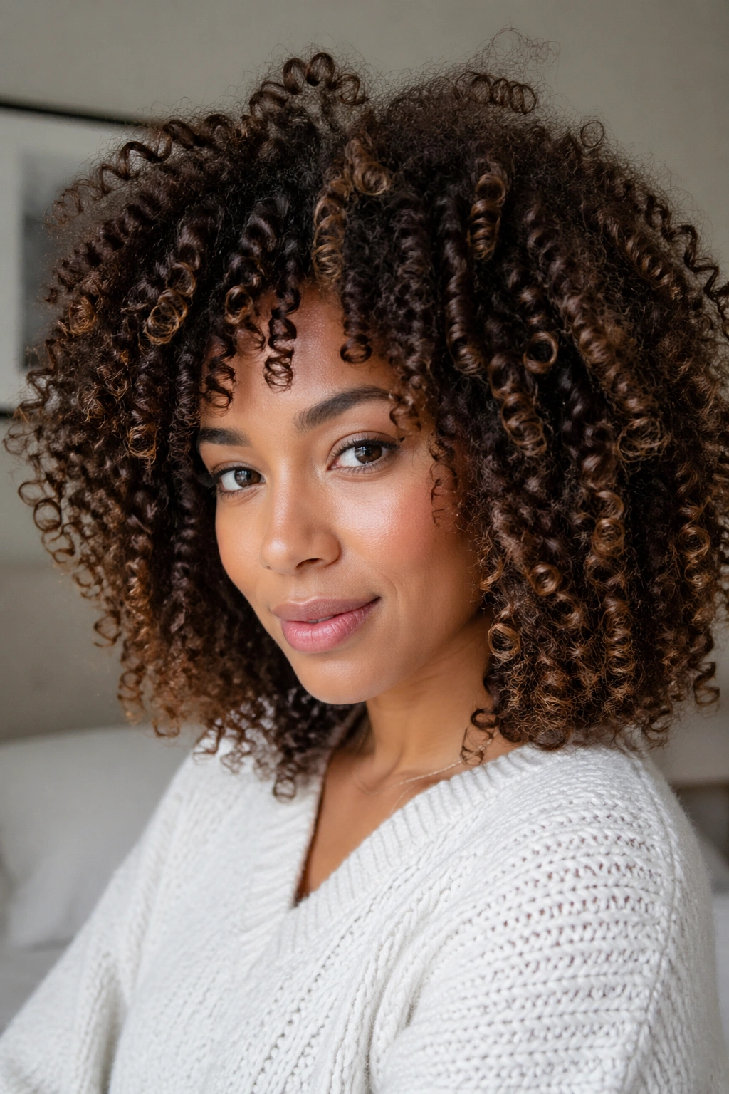 Close-up of a real person with diffused juicy curls and volume