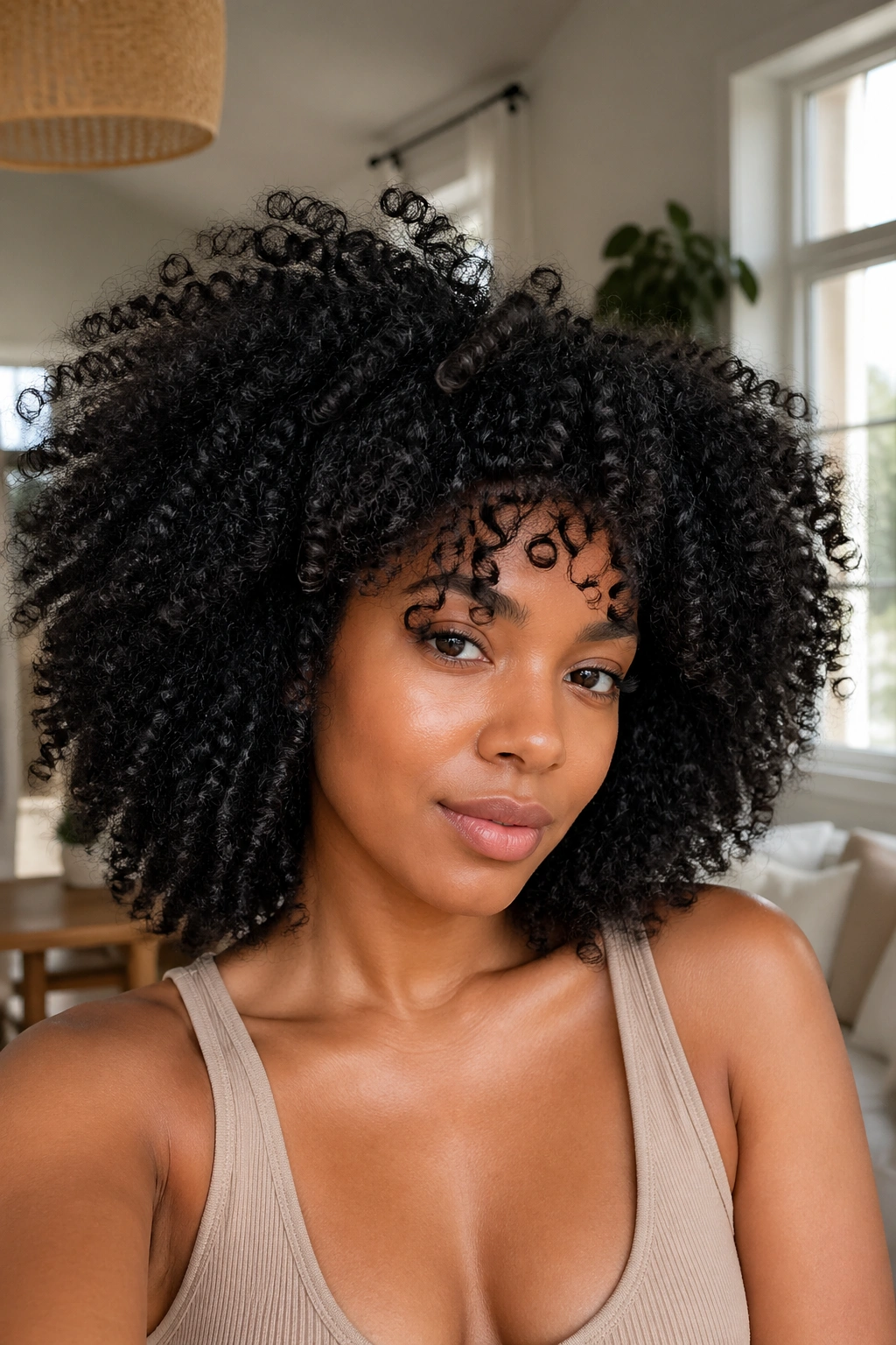 Close-up of a real person with a diffused and fluffy wash-and-go hairstyle.