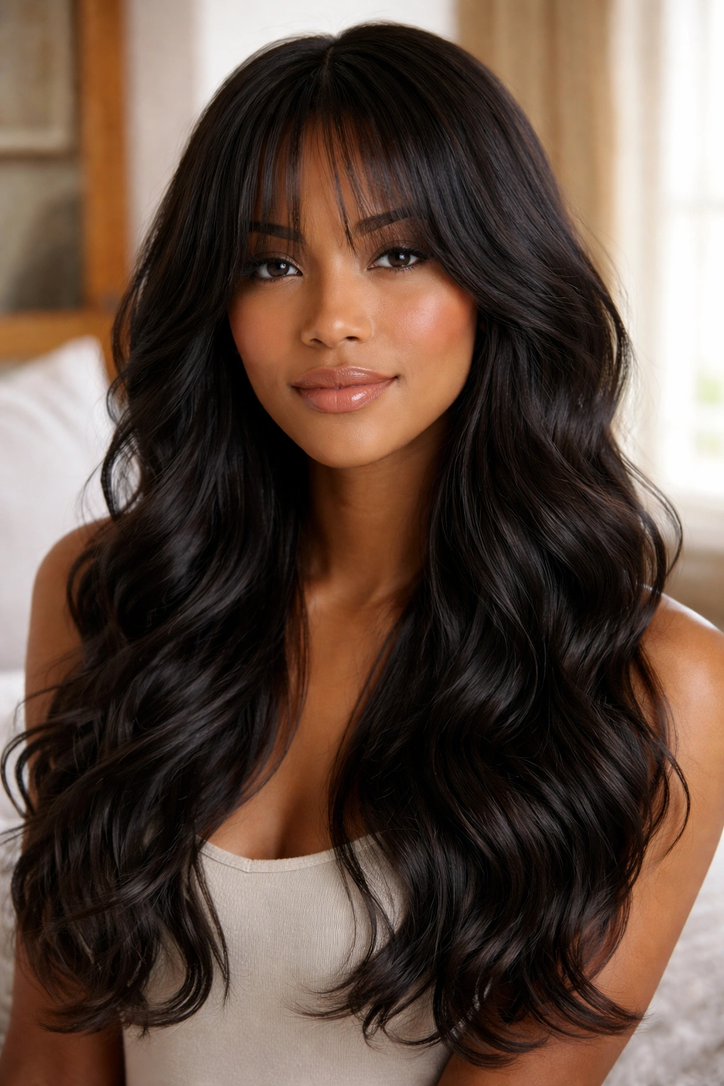 Close-up portrait of a real woman with diffused natural waves and light curtain bangs in warm window light