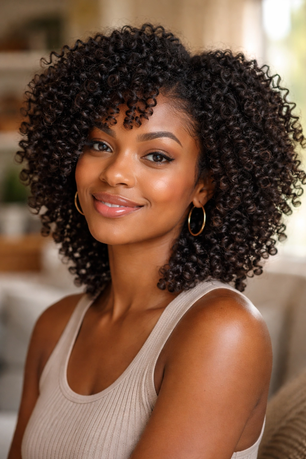 Portrait of a real person with diffuser-finish finger curls and volume