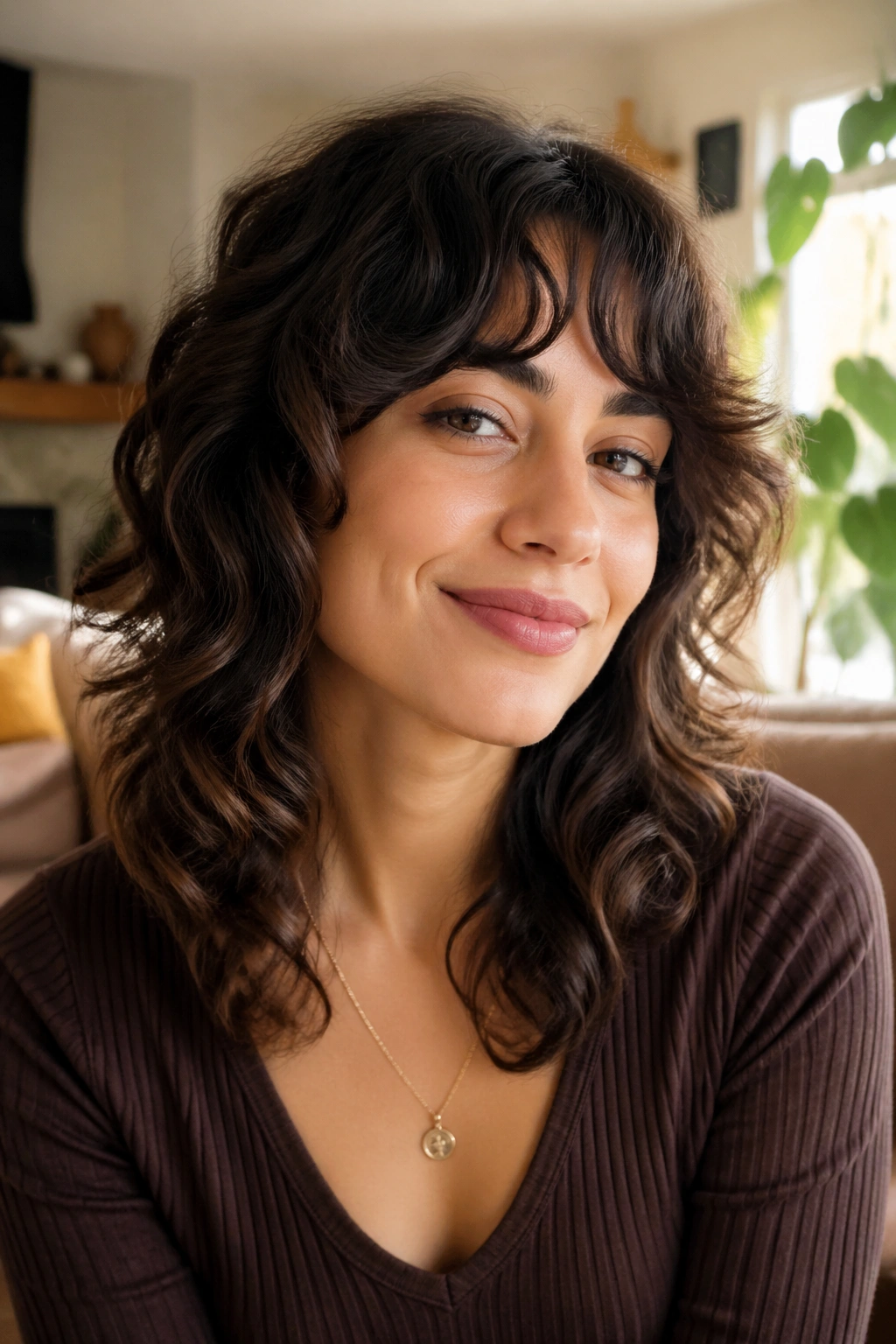 Close-up of a real woman with Diffuser-Friendly Shag showing defined wave clumps in a cozy living room.