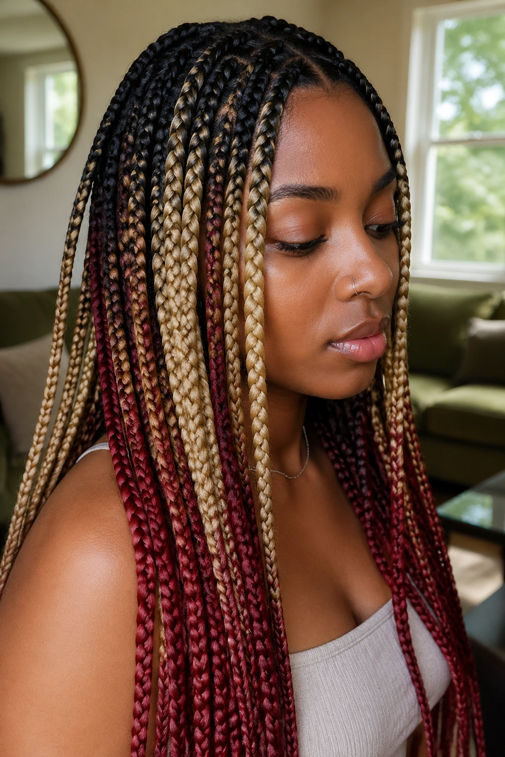 Close-up portrait of a real woman with dimensional black, blonde, and red box braids