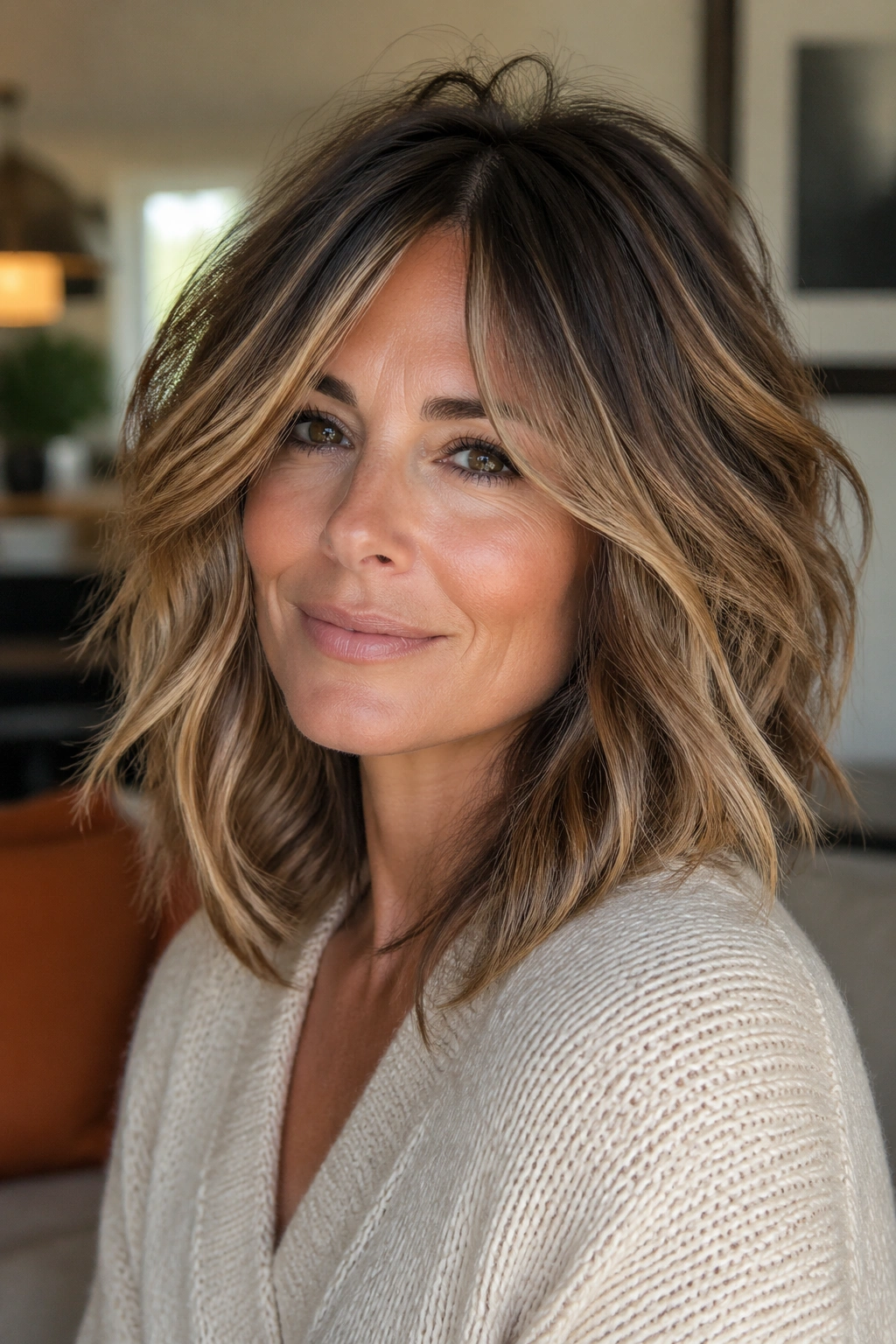 Close-up of a real woman with dimensional bronde shag hairstyle