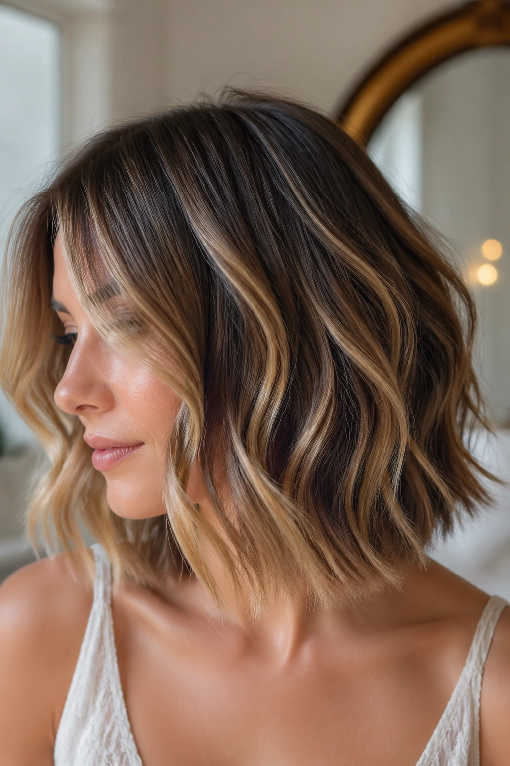 Close-up of a woman with dimensional color waves on a collarbone-length wavy lob, wedding lighting.