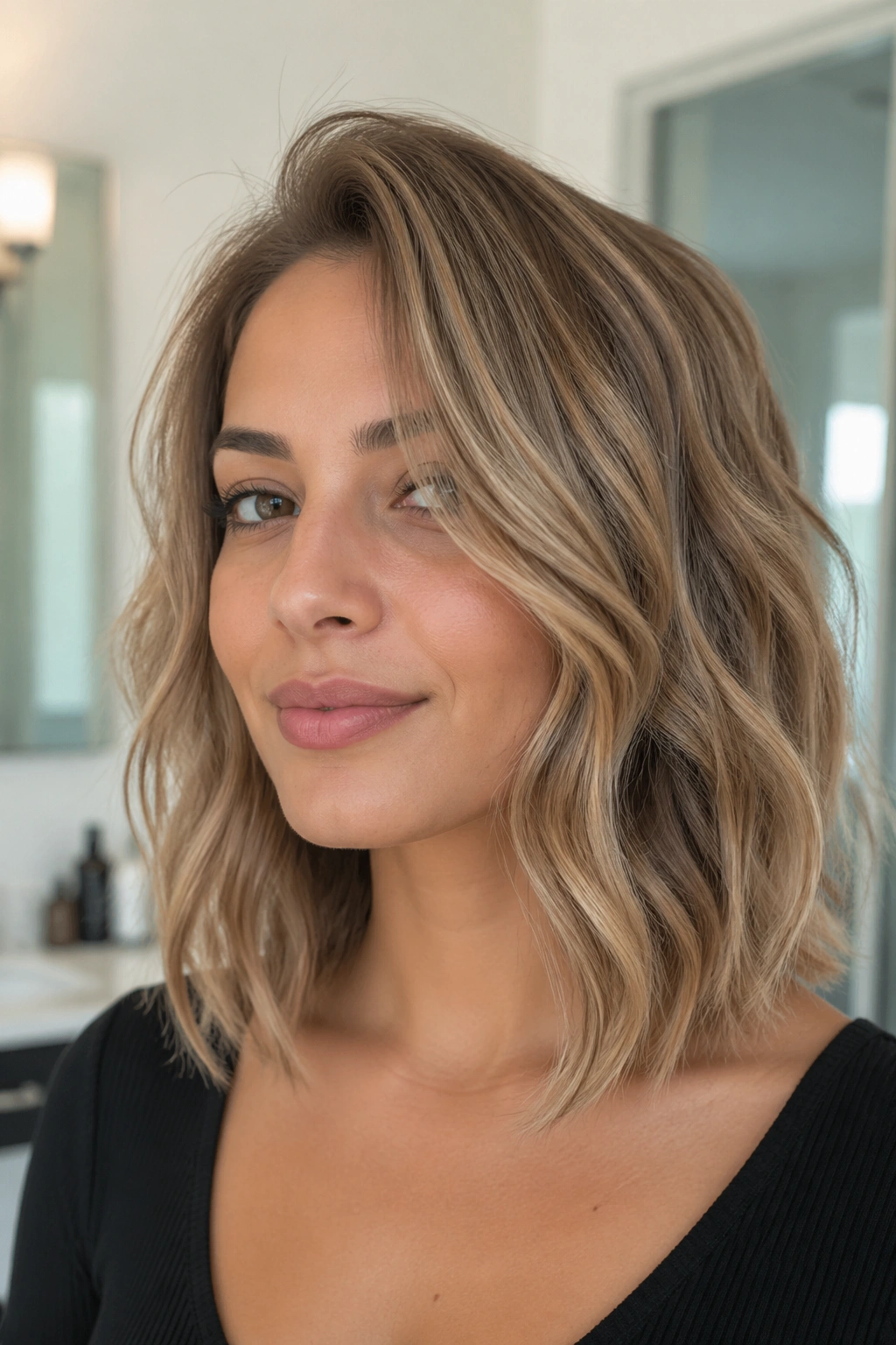 Portrait of a woman with dimensional lob for fine hair showing root lift