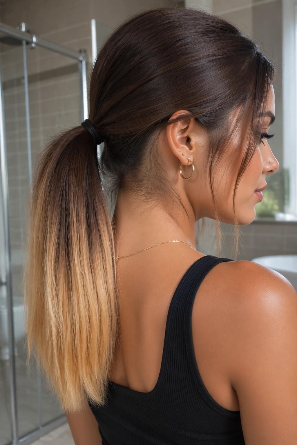 Close-up of a real person with chocolate brown to gold dip-dye ponytail