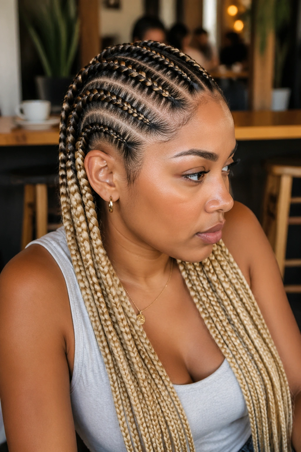 Close-up of a real woman with dirty blonde feed-in cornrows showing natural roots