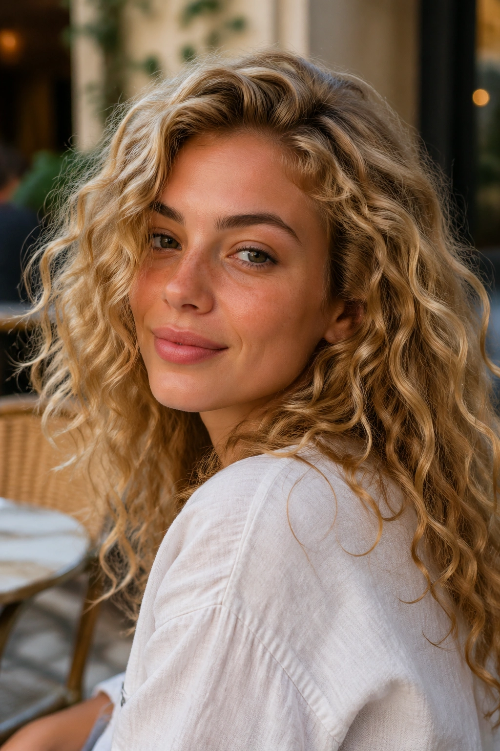Close-up of a real woman with dirty blonde curls in natural daylight