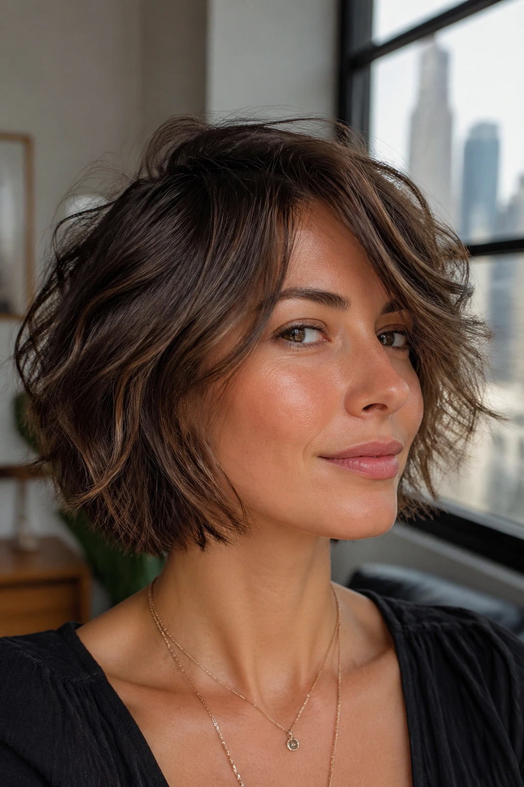 Close-up of a real woman with a disconnected bob revealing subtle layer separation.