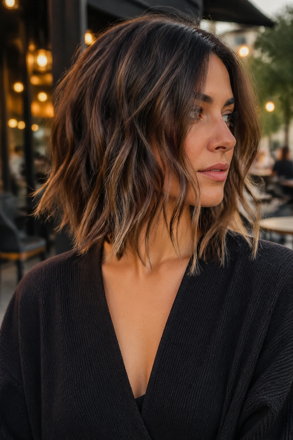 Close-up of a real woman with disconnected-end lob and visible end separation