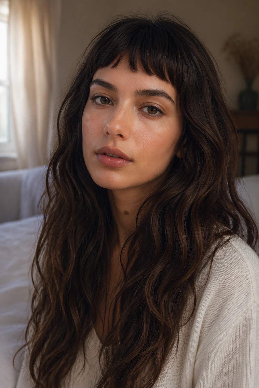 Close-up of a real person with a disconnected fringe and long waves