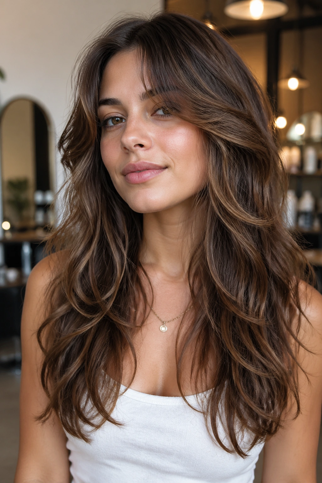 Close-up of a real woman with long wavy hair featuring disconnected layers for volume
