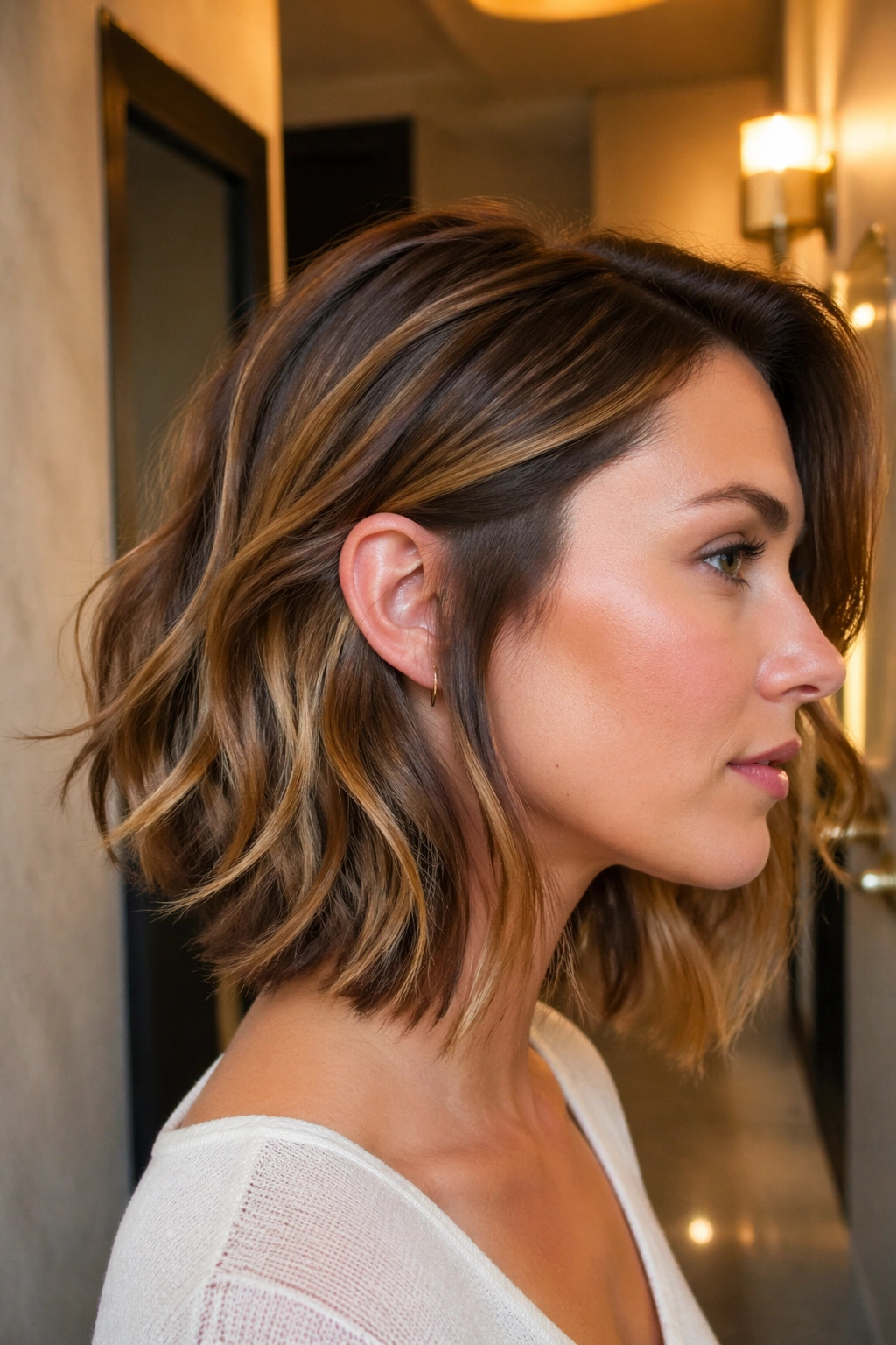 Profile portrait of a woman with a disconnected lob and visible underlayers