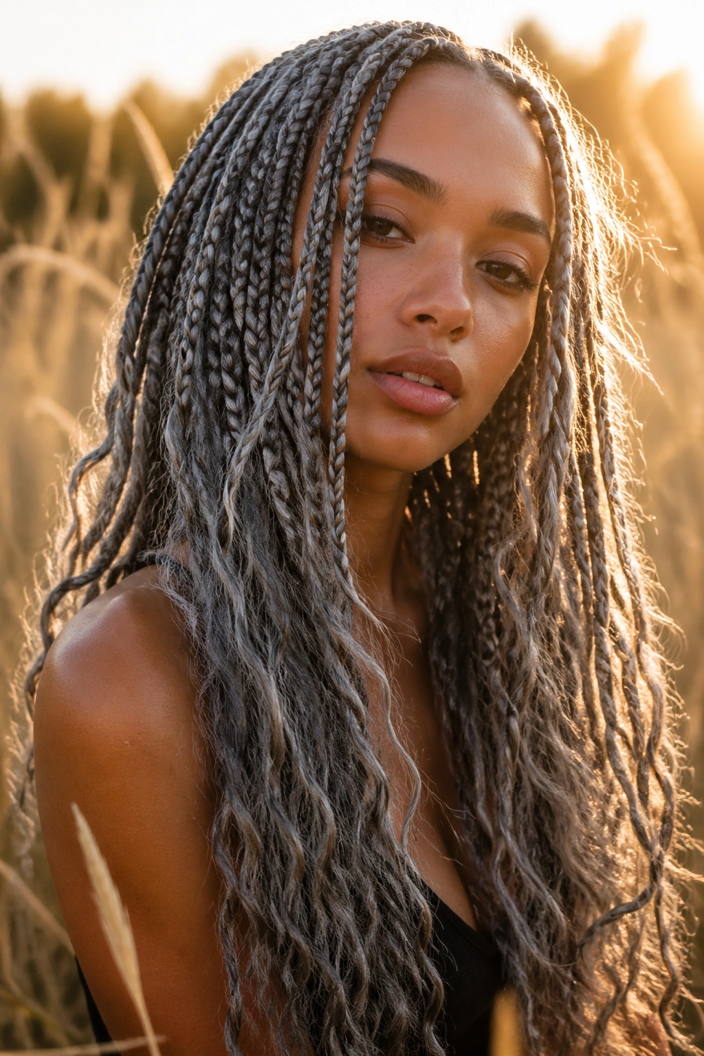 Close-up of a woman with distressed boho grey box braids.