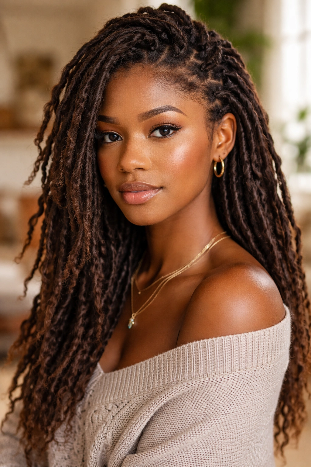 Close-up of a real woman with distressed faux locs